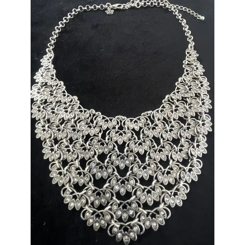 Premier Design "Ruffles" Rhodium Silver-Plated & Rhinestone Bib Necklace NWOT - Picture 1 of 5